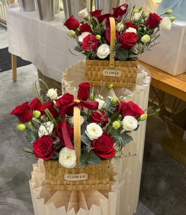 Red theme fresh flowers basket